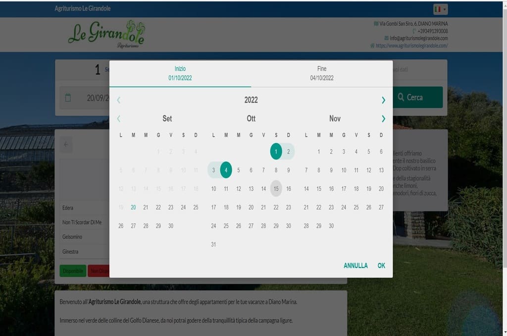 Strumento di scelta delle date del soggiorno presso l’Agriturismo Le Girandole